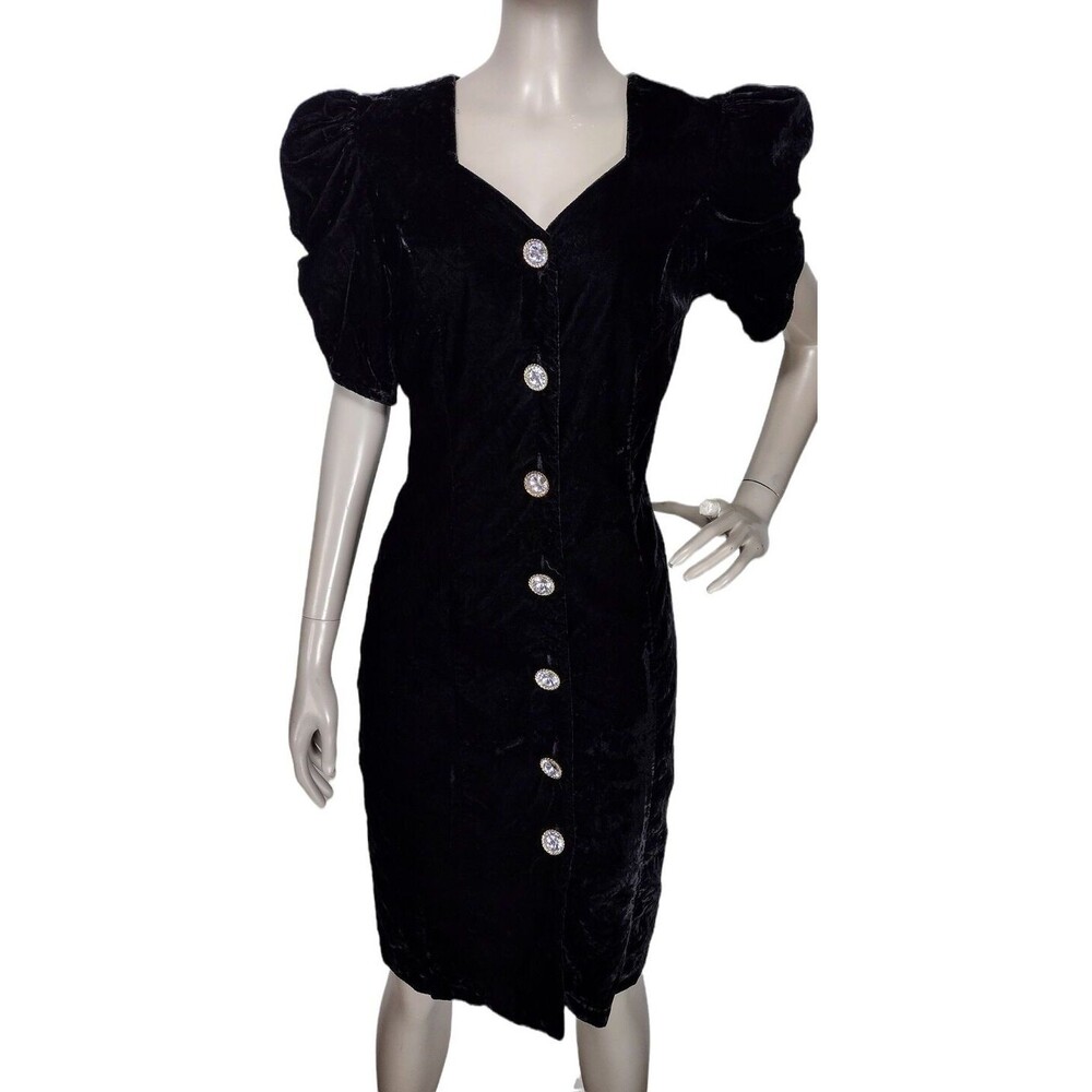 Vintage 80s Black Crushed Velvet Puff Sleeve Ruched Button-Down Wiggle Dress